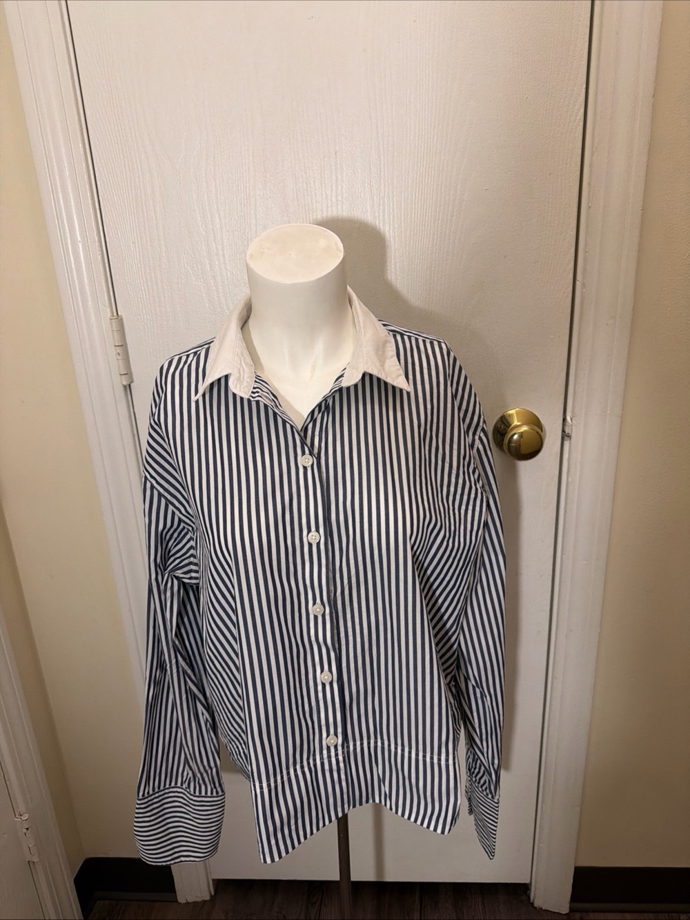 J.Crew Garcon Cropped Shirt Navy White Striped Organic Cotton Womens Sz 12